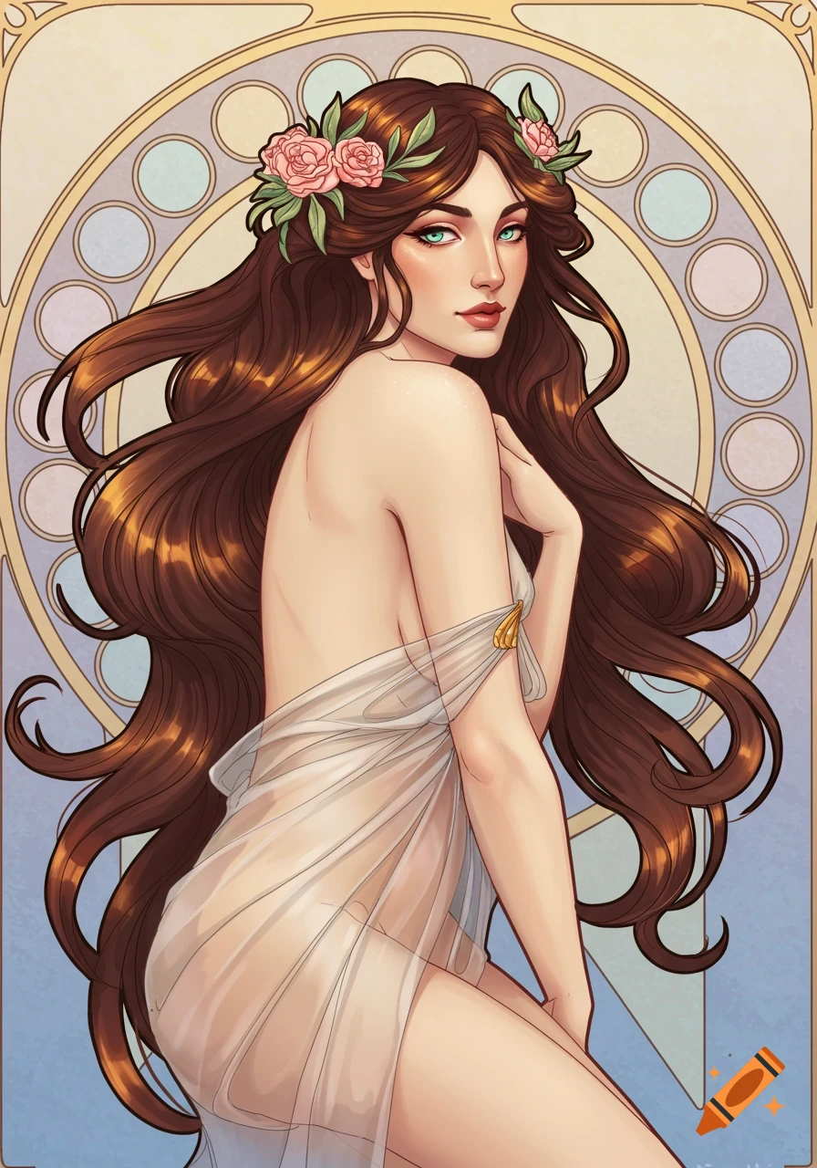 Art Nouveau illustration of a goddess with long brown hair and a flower crown, draped in sheer fabric, against a decorative background.