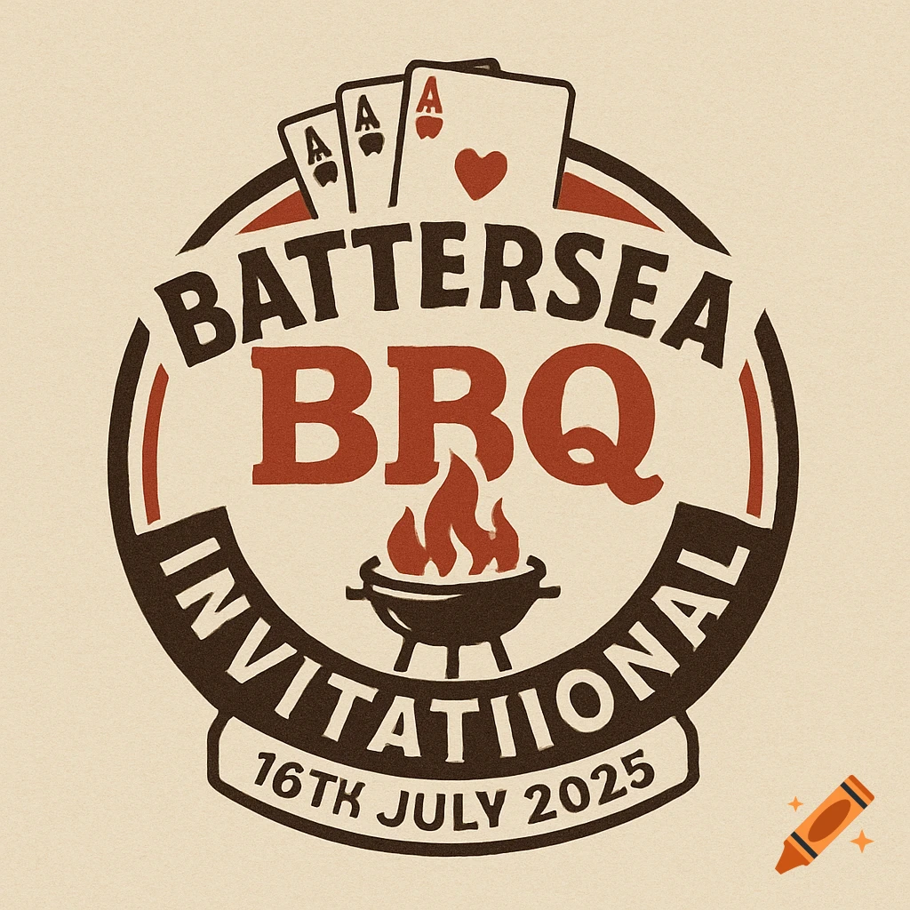 A vintage-style logo for Battersea BBQ Invitational. It features a BBQ grill with flames, four playing cards, and text in a circular design.
