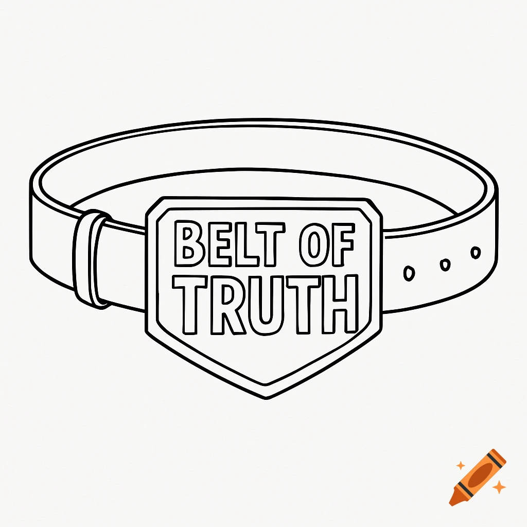 A black and white outline drawing of a belt with a large buckle that reads "BELT OF TRUTH".