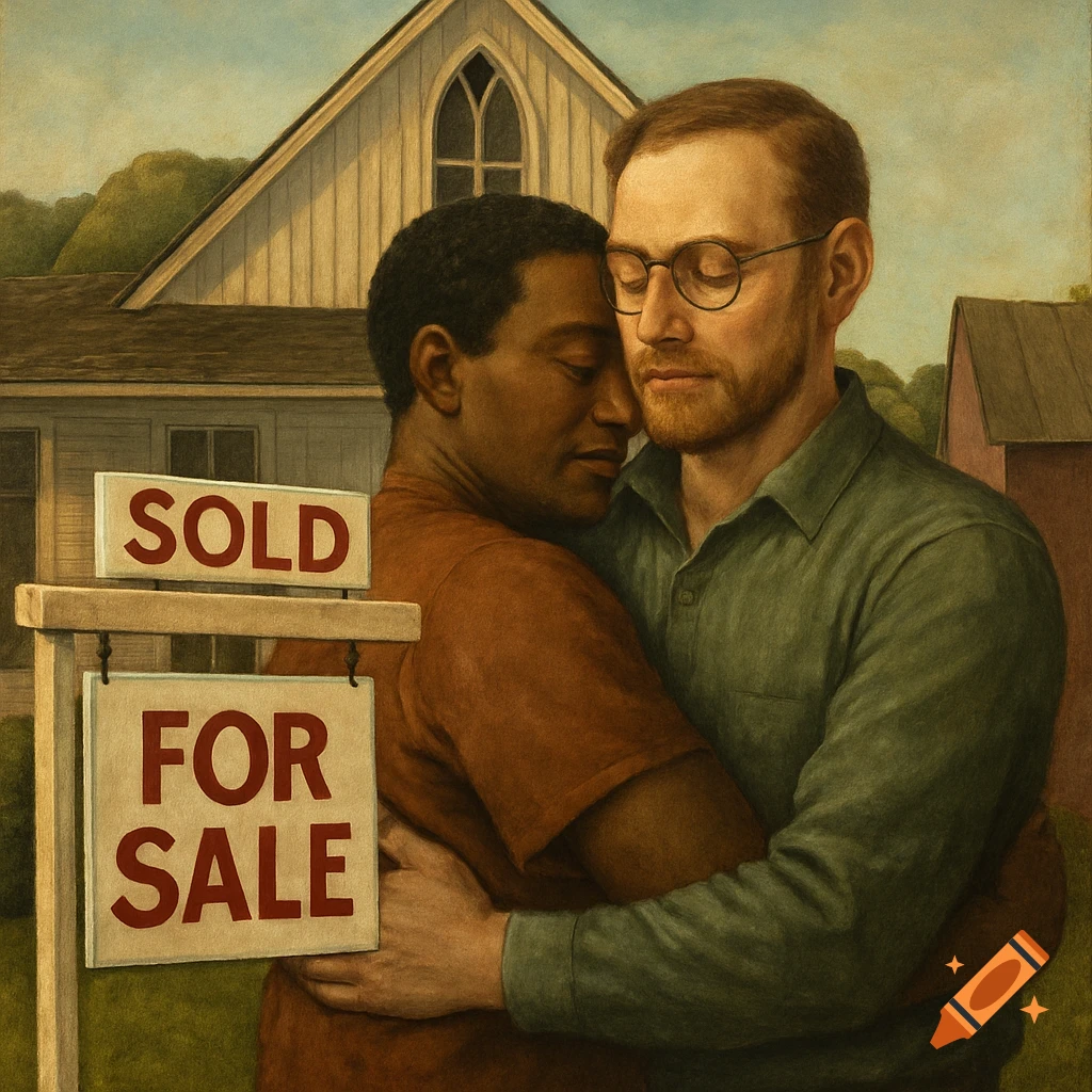 Two men embrace tenderly in front of a house with a 'SOLD' and 'FOR SALE' sign, in an American Gothic painting style.
