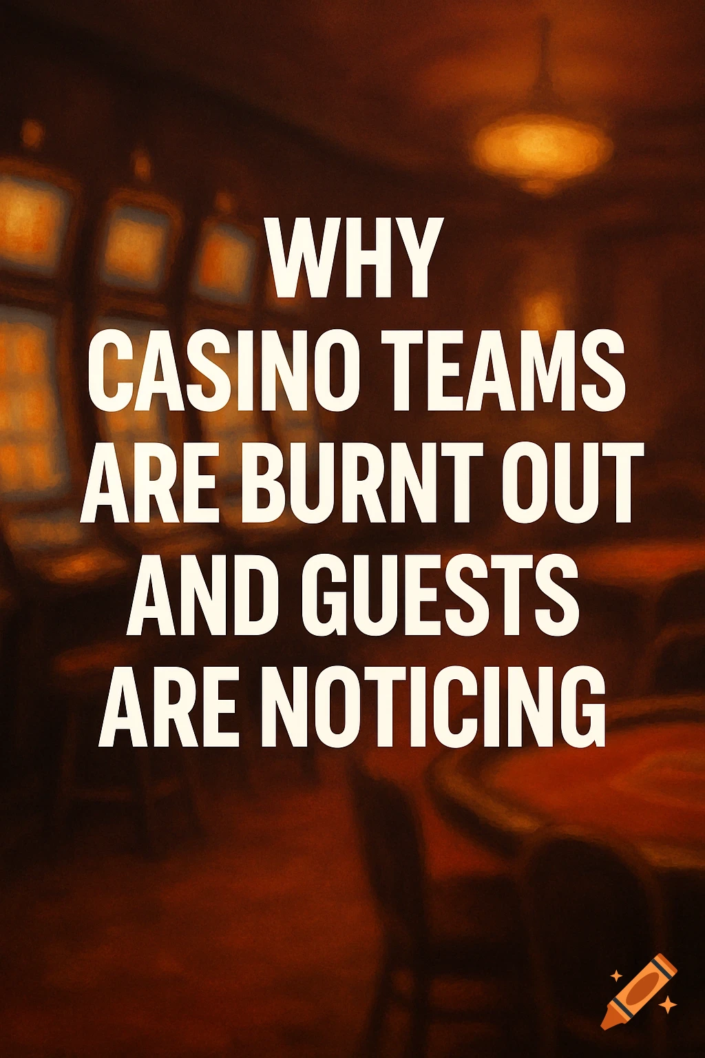 White text 'WHY CASINO TEAMS ARE BURNT OUT AND GUESTS ARE NOTICING' over a blurred, warm-toned casino interior with slot machines and tables.
