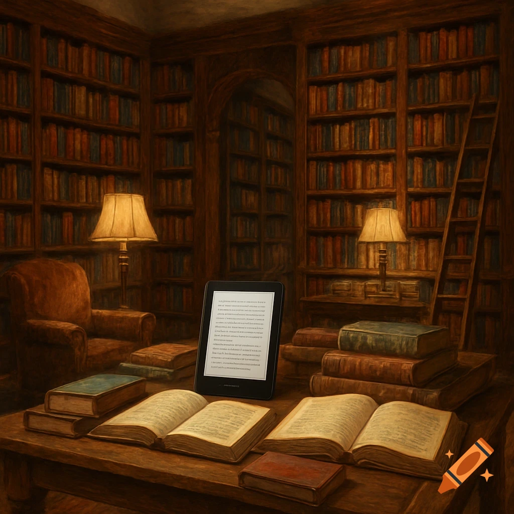 A warmly lit old-fashioned library with tall wooden bookshelves, an armchair, two lamps, and a table with open books and a modern e-reader.