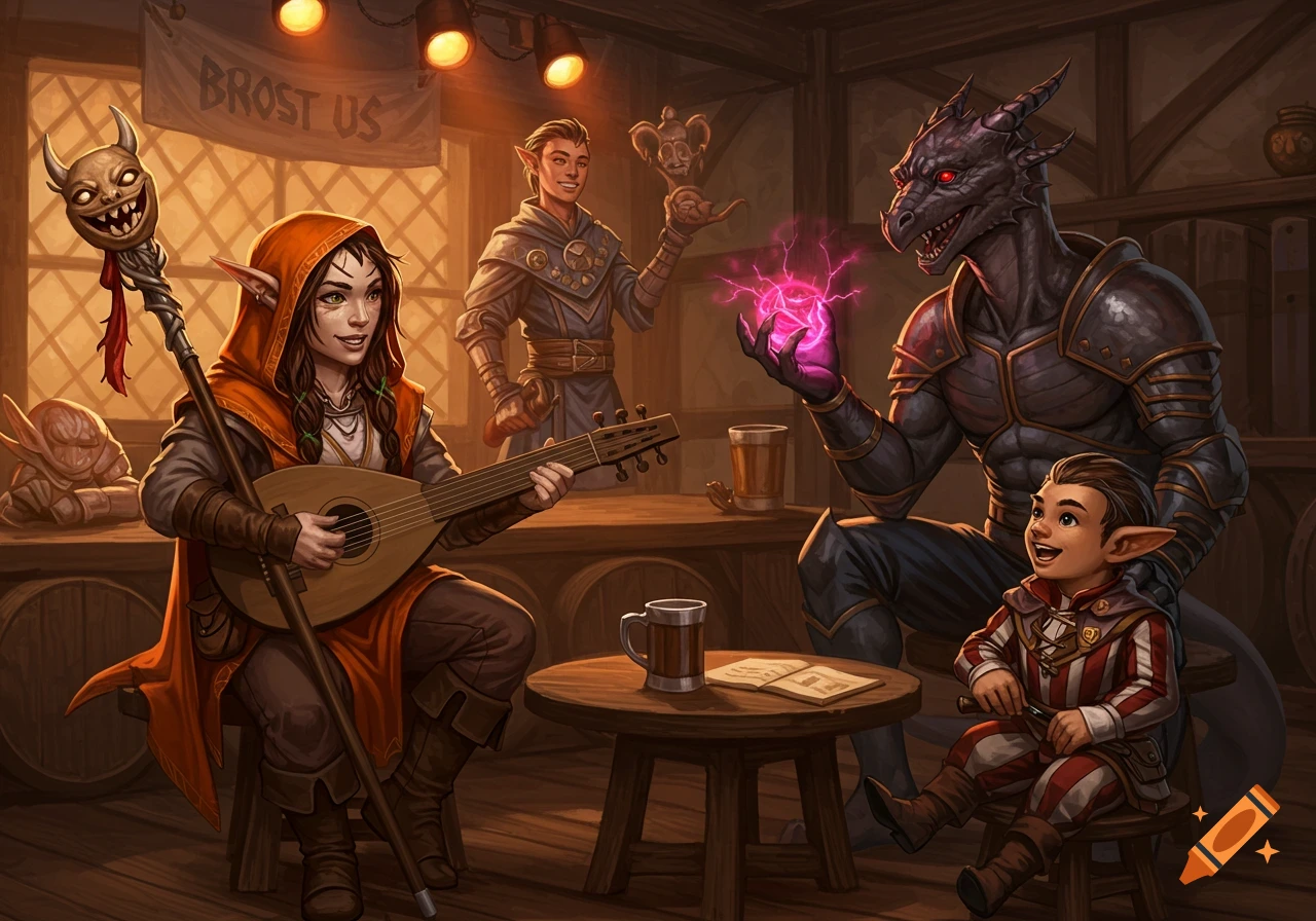 A female gnome plays a lute in a tavern, while a black dragonborn with glowing magic chats with a halfling child. Other patrons are in the background.