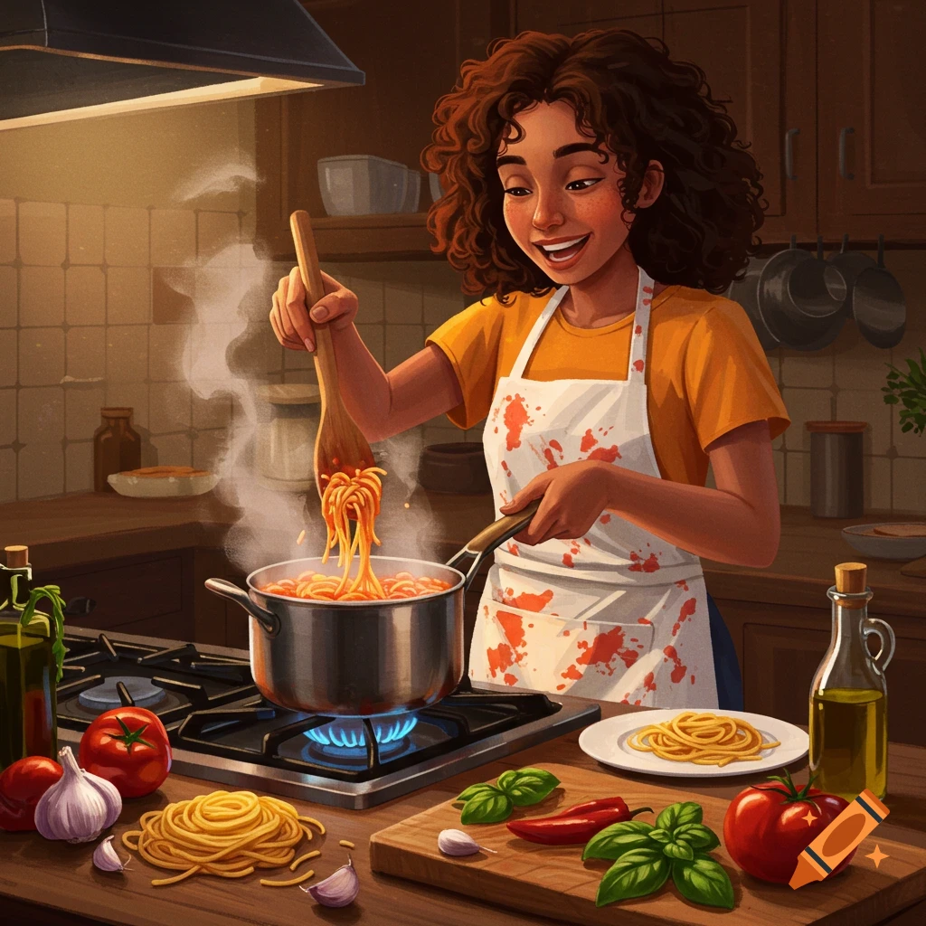 A smiling cartoon woman with curly hair stirs a pot of spaghetti on a stove in a cozy kitchen.