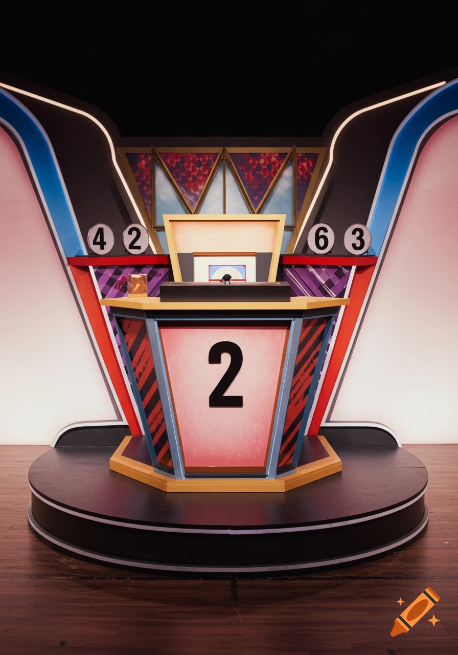 A vibrant, colorful vintage game show podium with a large number 2 on the front and smaller numbers 4, 2, 6, 3 above.