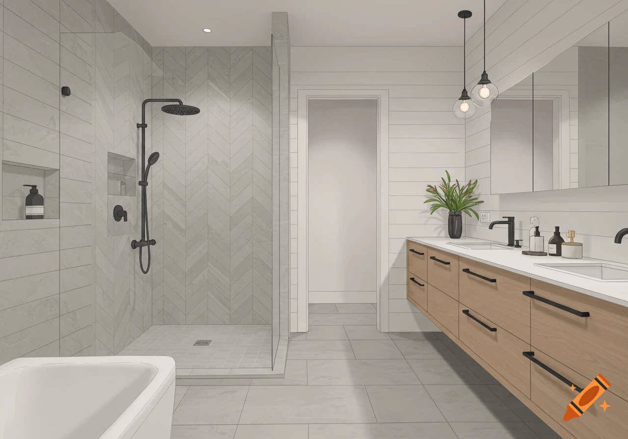 A modern bathroom with a walk-in shower, herringbone tiles, and a double timber vanity with black hardware.