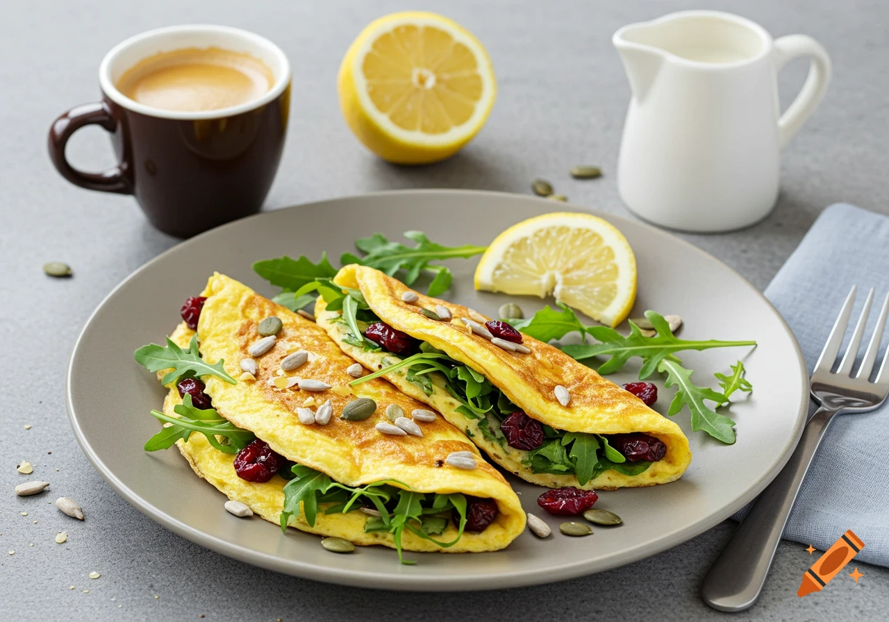 Two omelettes filled with arugula and dried cranberries, garnished with sunflower seeds and a lemon slice, on a plate next to a cup of espresso and a milk pitcher. Photorealistic.