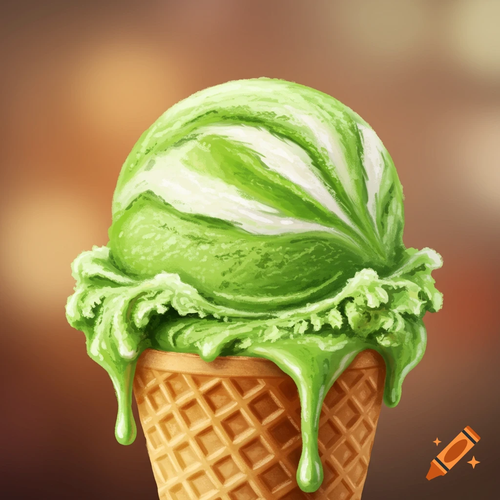 A scoop of green and white marbled ice cream melts in a waffle cone against a blurred brown background, depicted in a digital painting style.