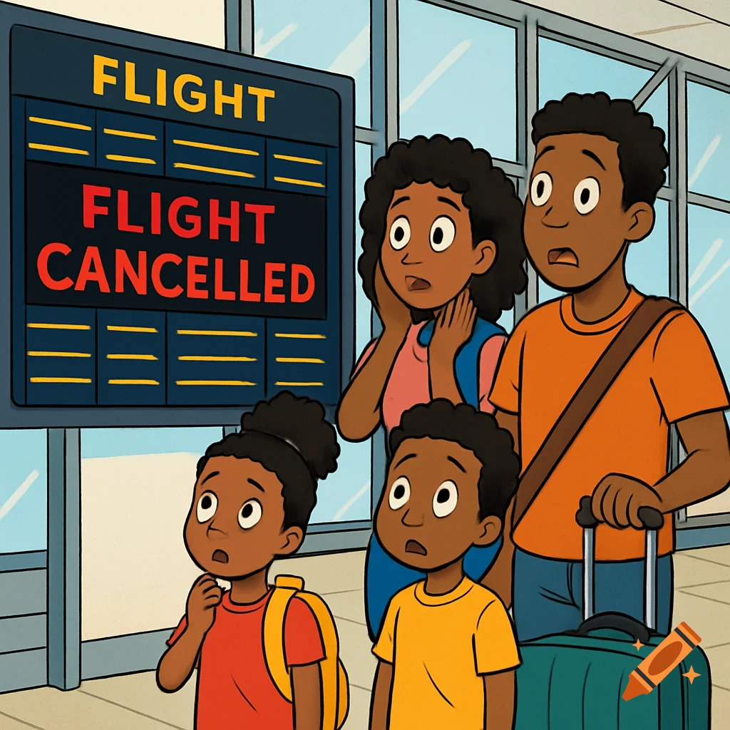 A cartoon family, two parents and two children, looking shocked at a flight cancellation board in an airport.