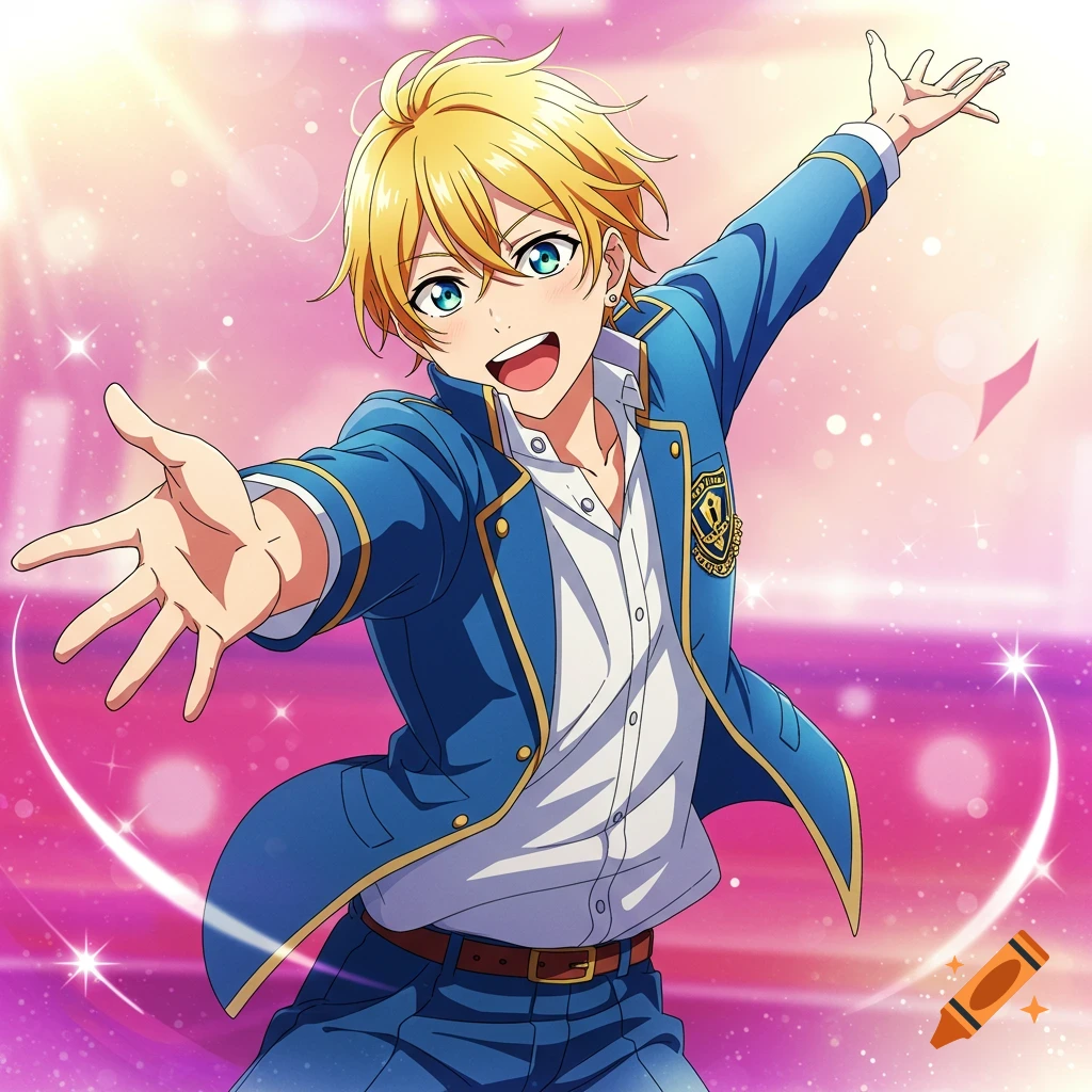 Cheerful blonde anime boy in blue uniform with arms open against a sparkling pink background.
