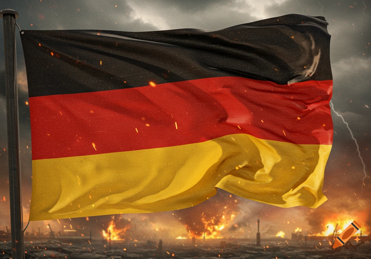 A German flag waves over a landscape engulfed in fiery explosions and dark stormy skies with lightning.