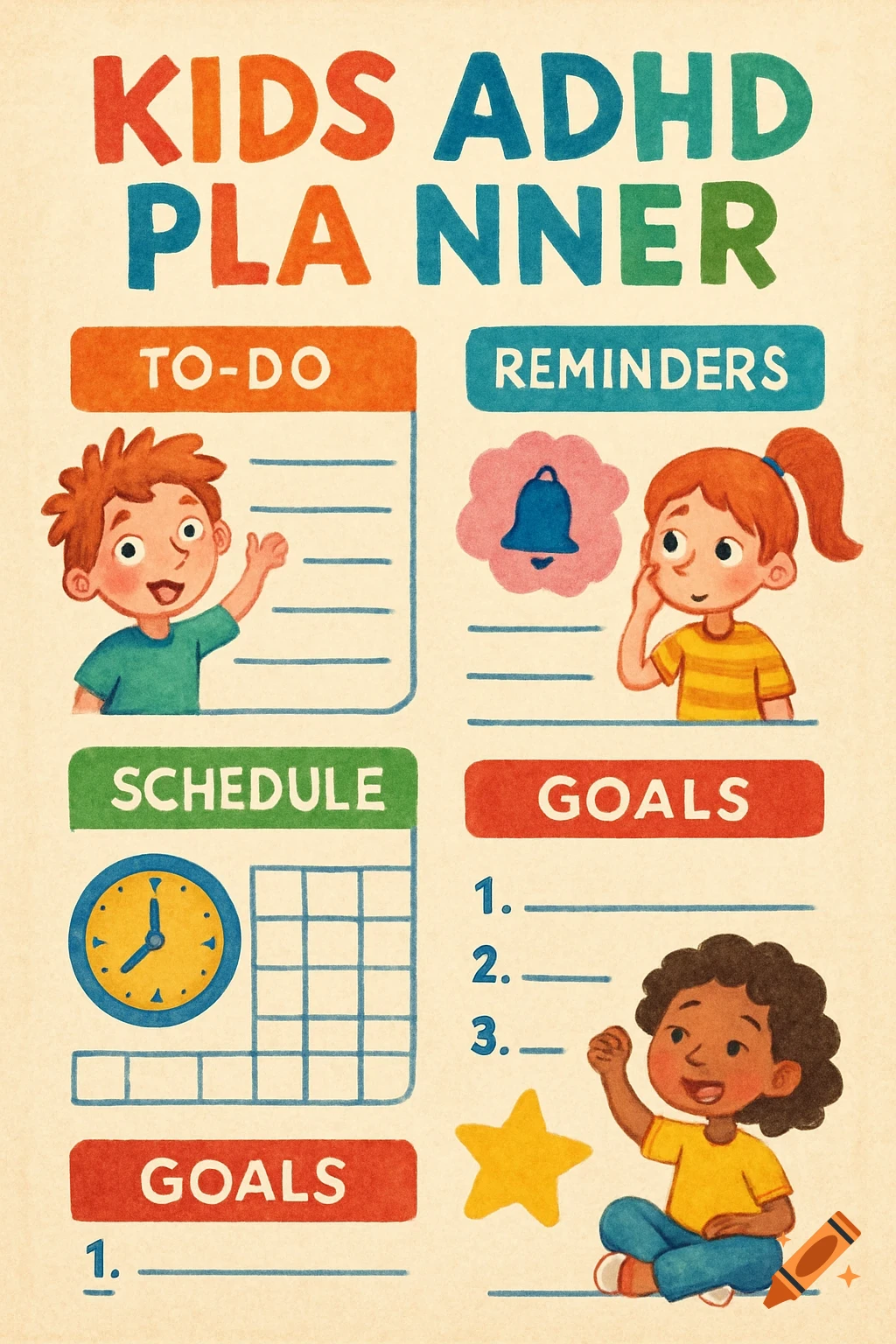 Colorful illustrated kids ADHD planner with sections for to-do, reminders, schedule, and goals, featuring cartoon children and a clock.