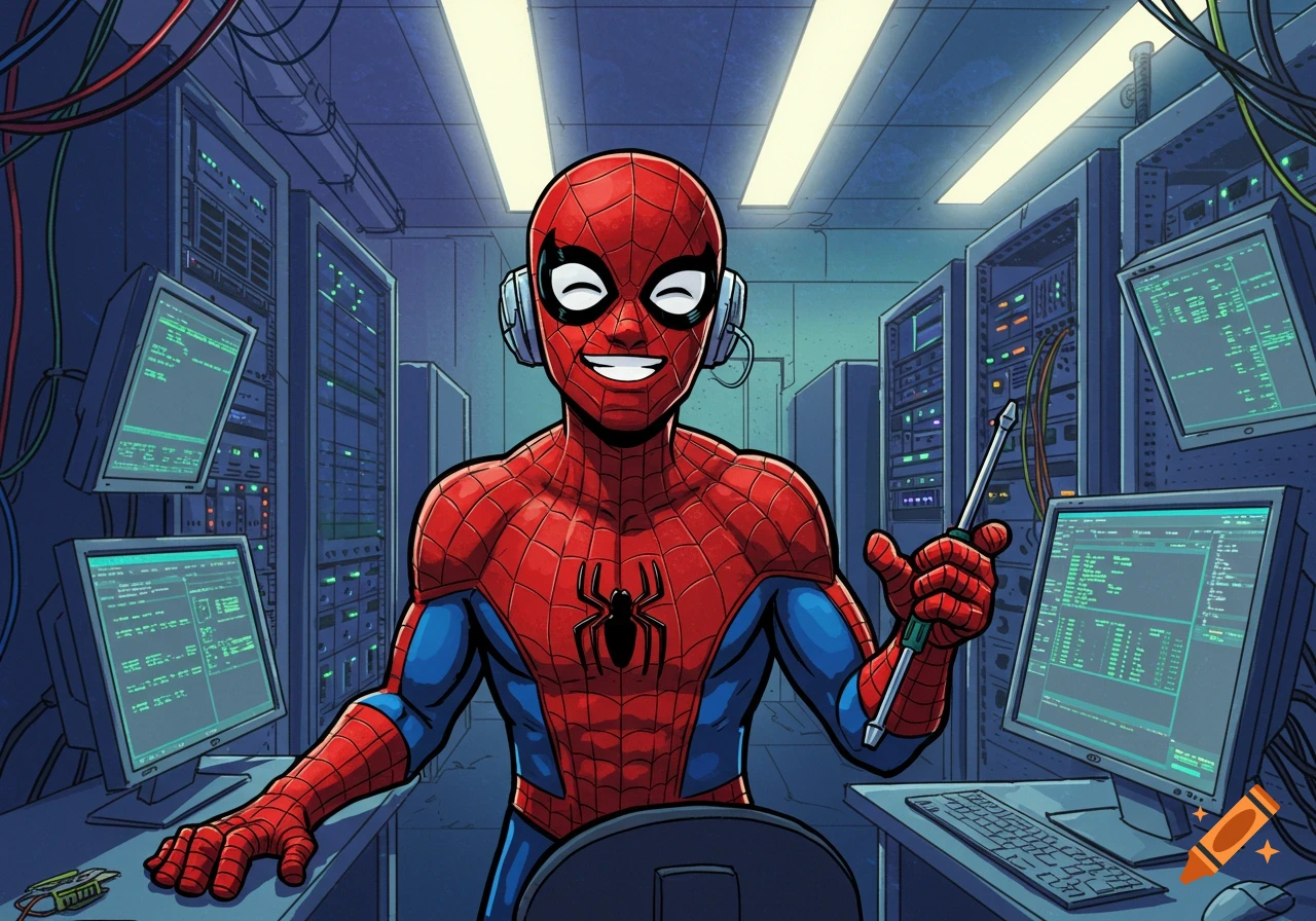 A cartoon Spider-Man with headphones and a screwdriver smiles in a server room with computer monitors displaying code.