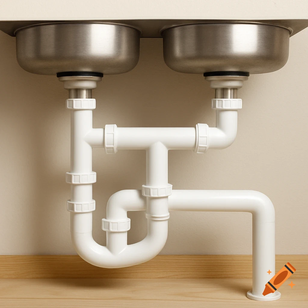 Photorealistic image of white PVC plumbing pipes under a stainless steel double sink with an offset drain.