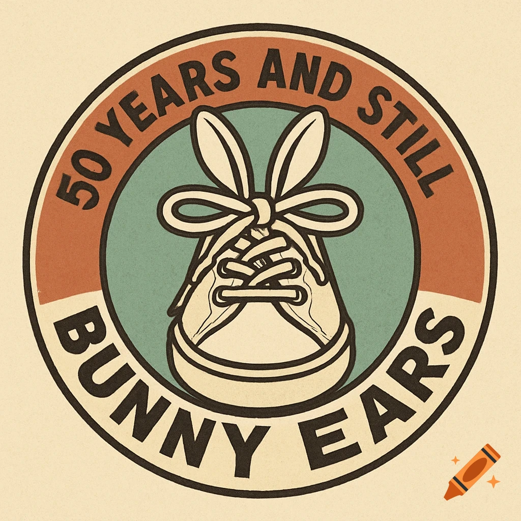 A retro circular logo of a shoe with laces tied into bunny ears, surrounded by the text '50 YEARS AND STILL BUNNY EARS'.