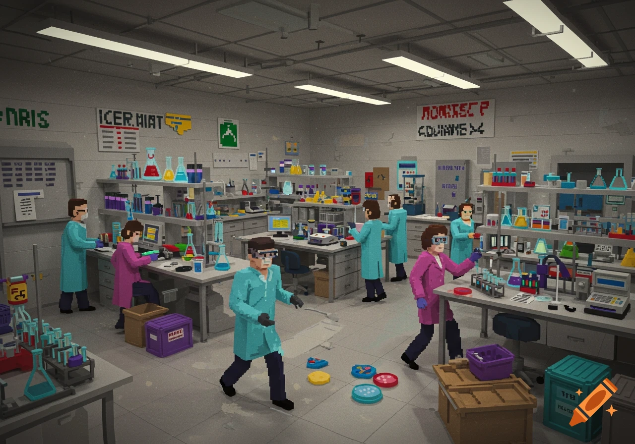 Pixel art of scientists in lab coats working and running around a large, busy laboratory with many beakers and equipment.