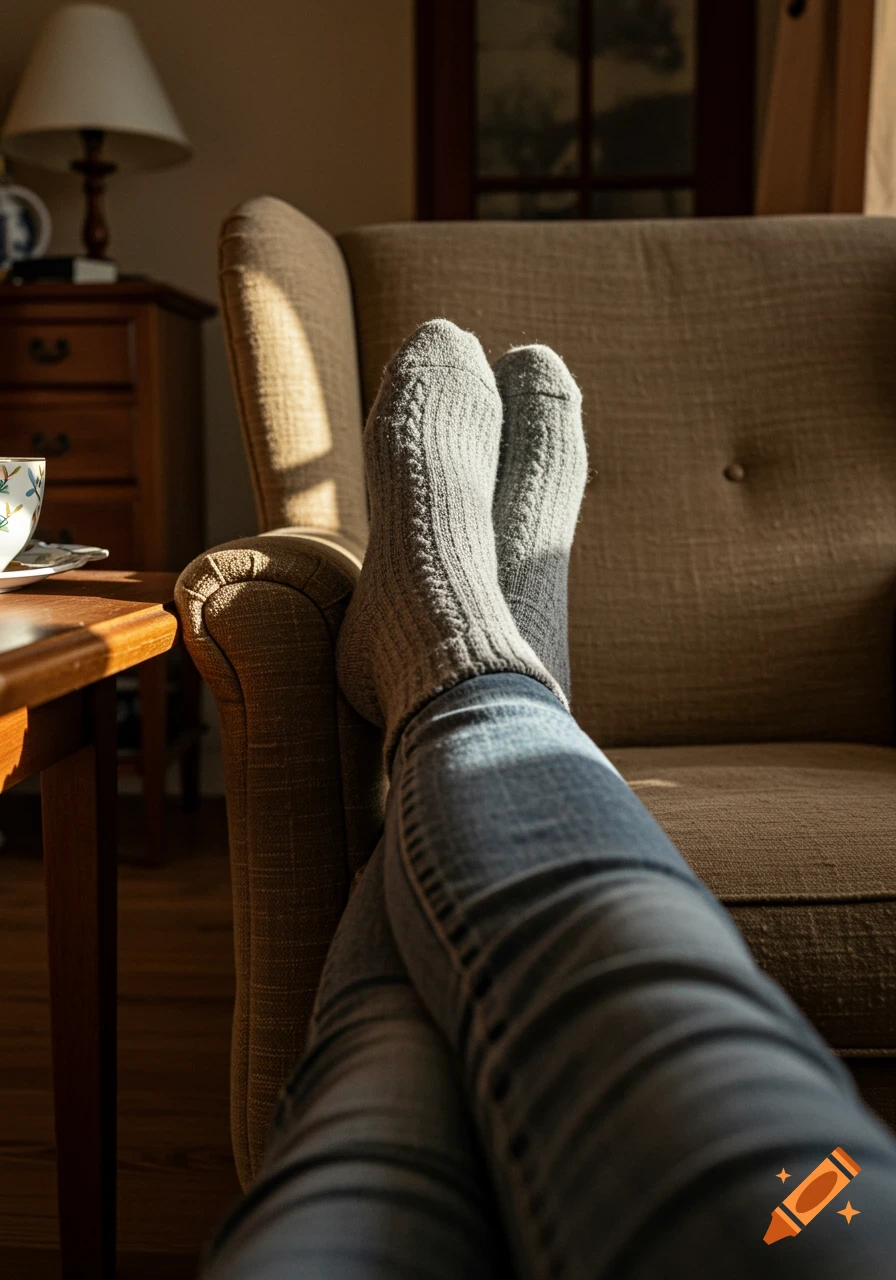 Close-up of a person's feet in grey socks and blue jeans resting on a wooden table, bathed in sunlight. An armchair and lamp are in the background.