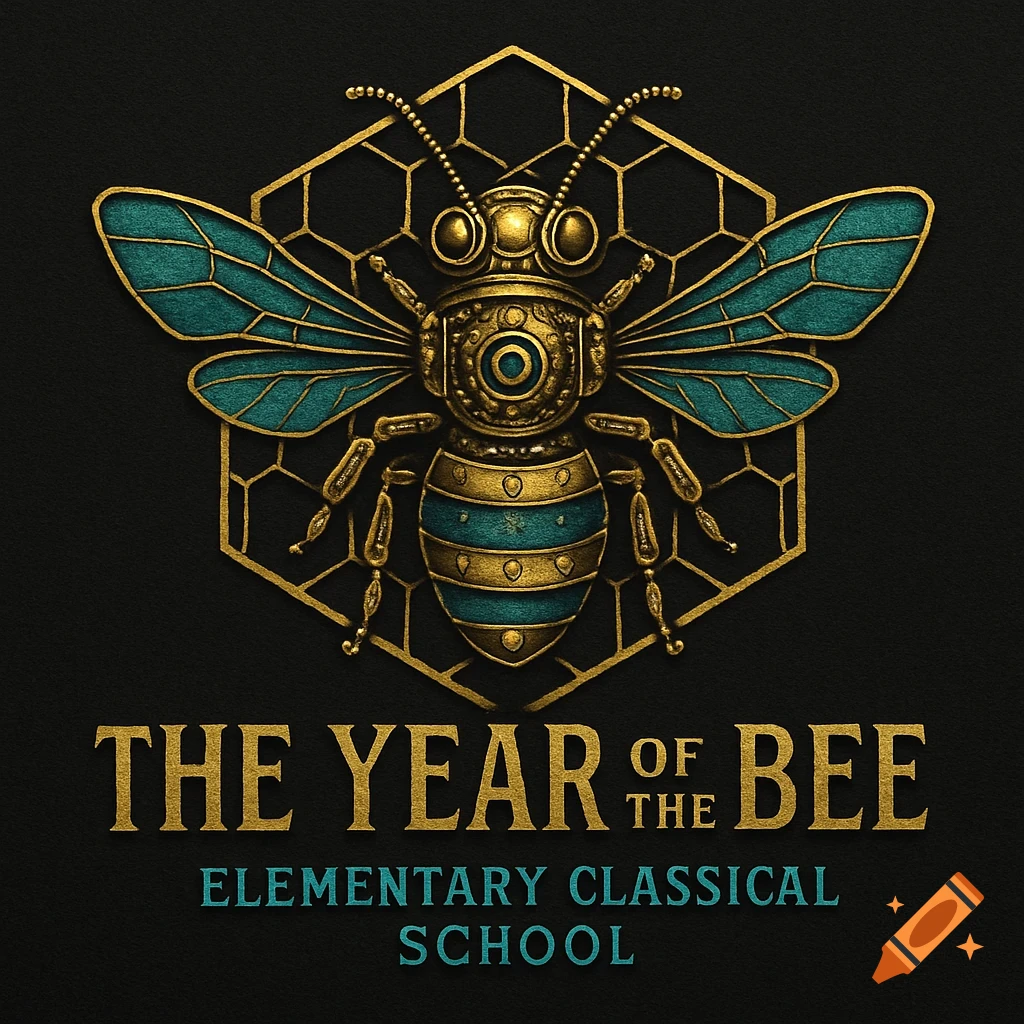 Steampunk bee logo in metallic gold and teal against a black background with text 'THE YEAR OF THE BEE ELEMENTARY CLASSICAL SCHOOL'.