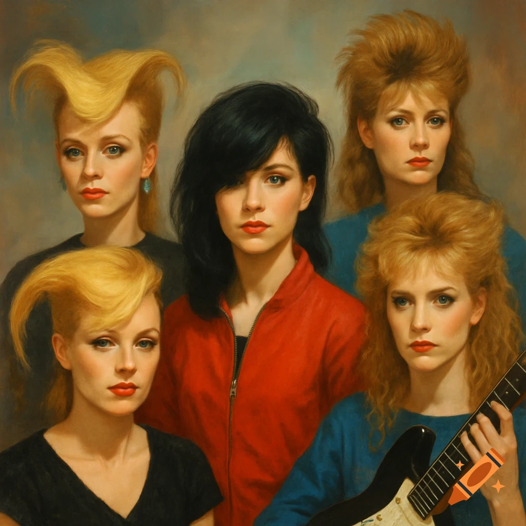 A painting of five women with exaggerated 1980s hairstyles, one holding a guitar, posing like a band.