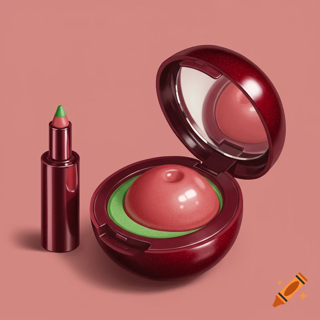 A close-up of a red cherry-shaped blush compact opened to reveal a pink core, next to a red lip liner with a green tip on a pink background.
