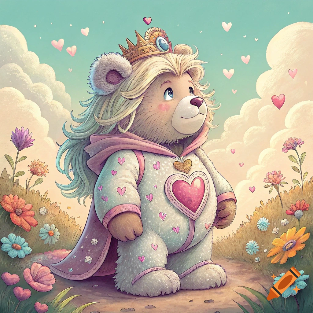 A whimsical cartoon teddy bear with long blonde hair, a crown, and a pink cape stands in a field of flowers with floating hearts.