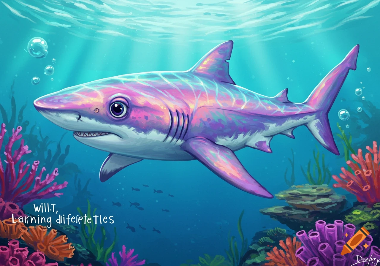 An iridescent, cartoonish shark swims amidst colorful coral and plants in a vibrant underwater illustration.