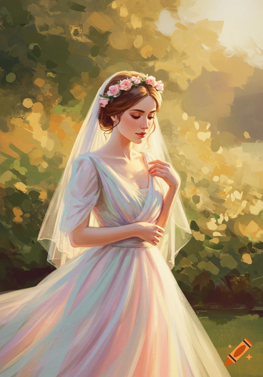 Impressionistic art of a woman in a pastel veil dress and flower crown, looking down in a sunny garden.