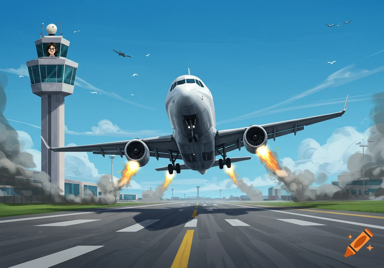 A stylized illustration of a large passenger jet taking off from an airport runway, with an air traffic controller visible in the tower.
