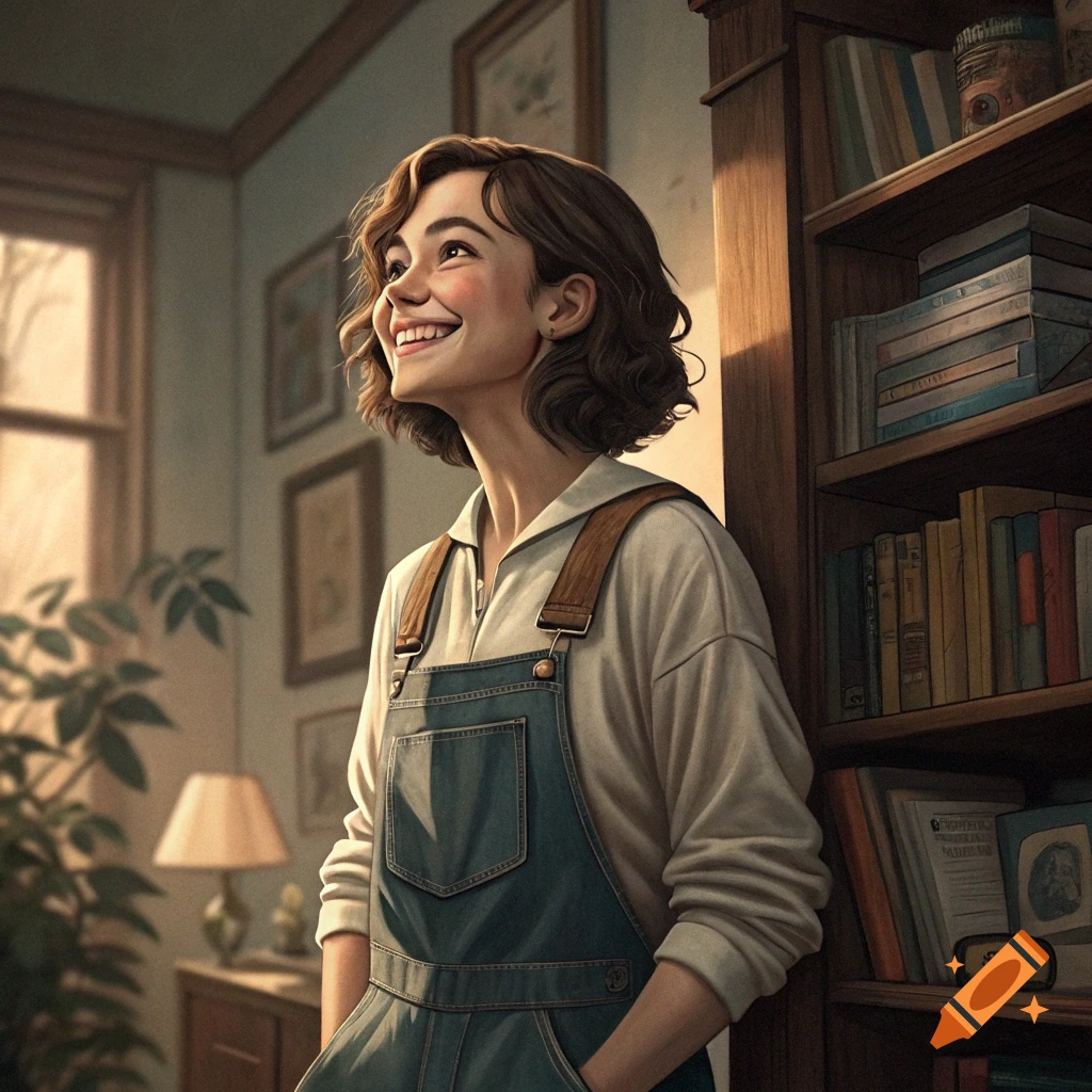 A smiling young woman with short curly hair in overalls leans against a bookshelf, looking up with a soft expression in a sunlit room.