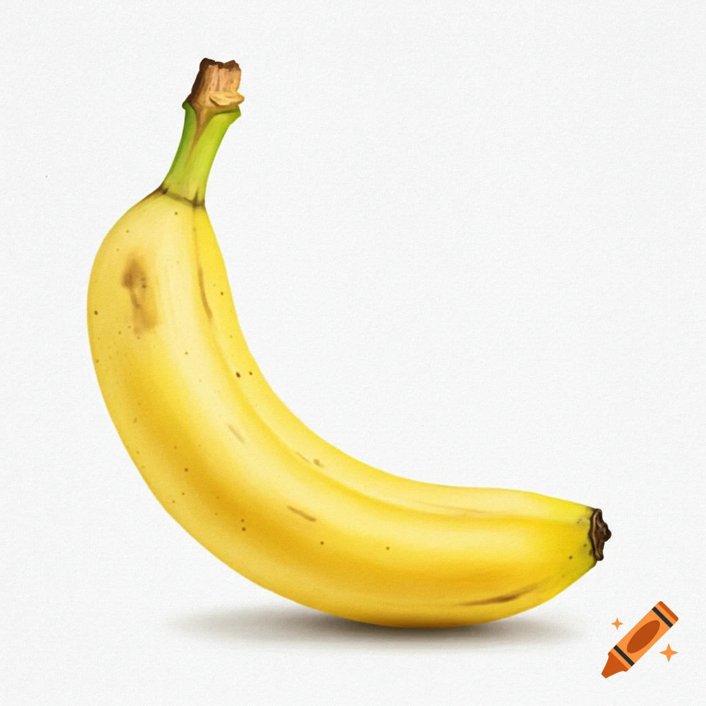 A hyperrealistic yellow banana with brown spots on a white background.