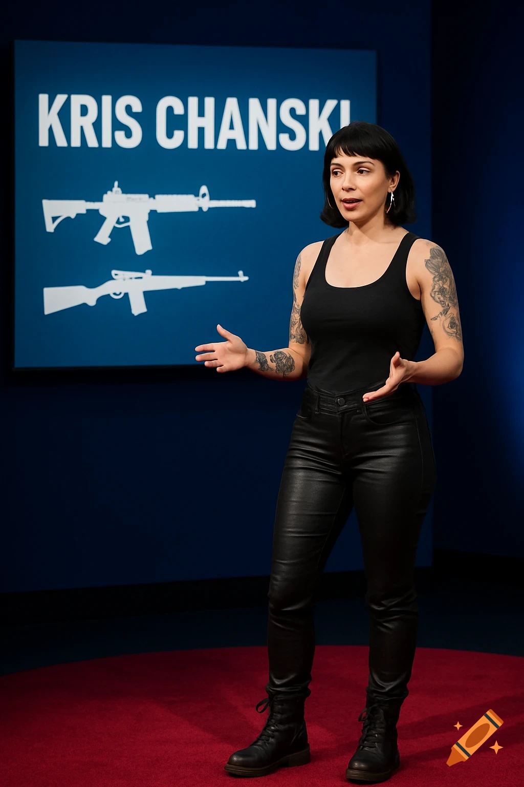 A woman in a black tank top and leather pants gives a Ted talk on a stage, with a screen displaying 'KRIS CHANSKI' and rifle silhouettes behind her.