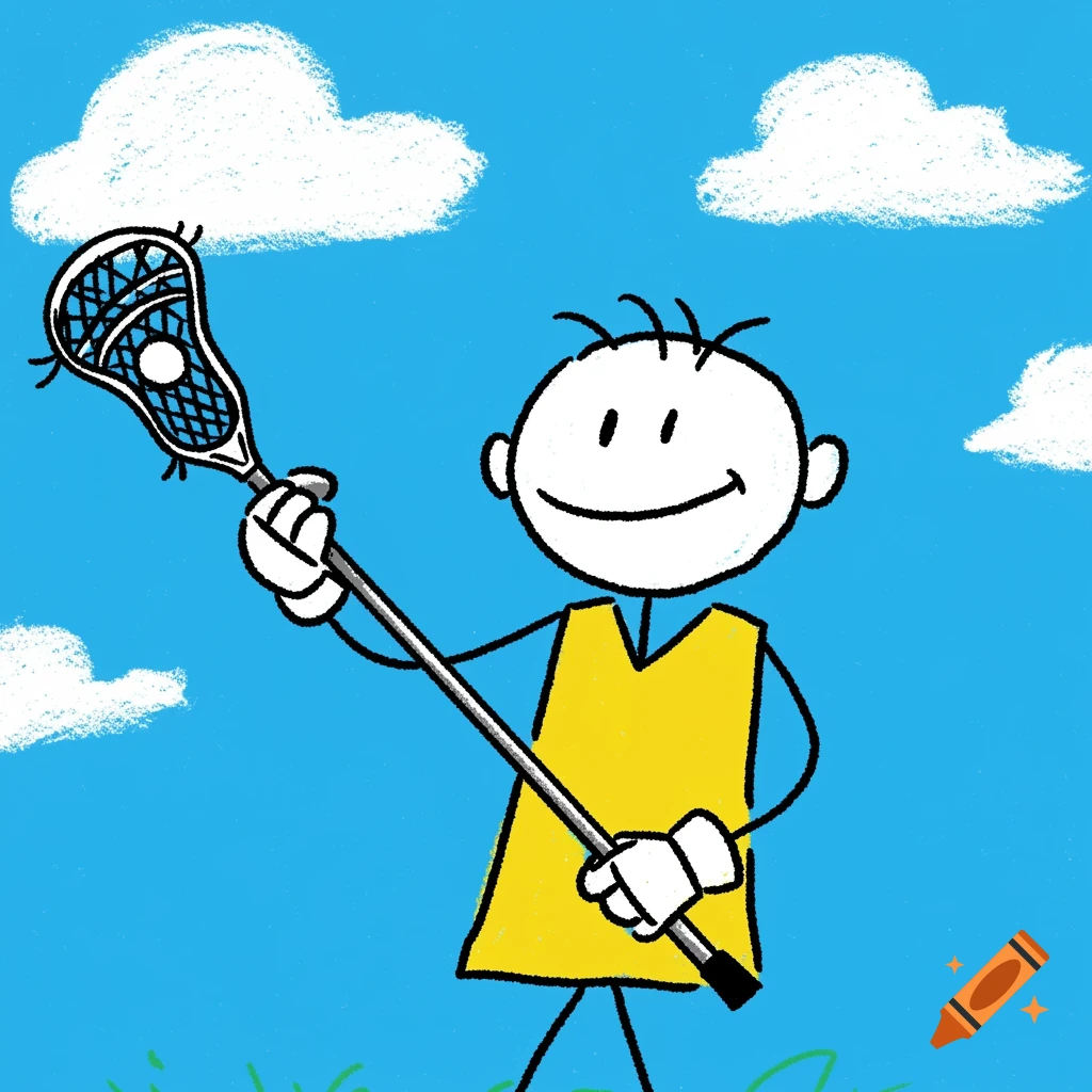 Childlike crayon drawing of a stick figure in a yellow jersey, holding a lacrosse stick against a blue sky.