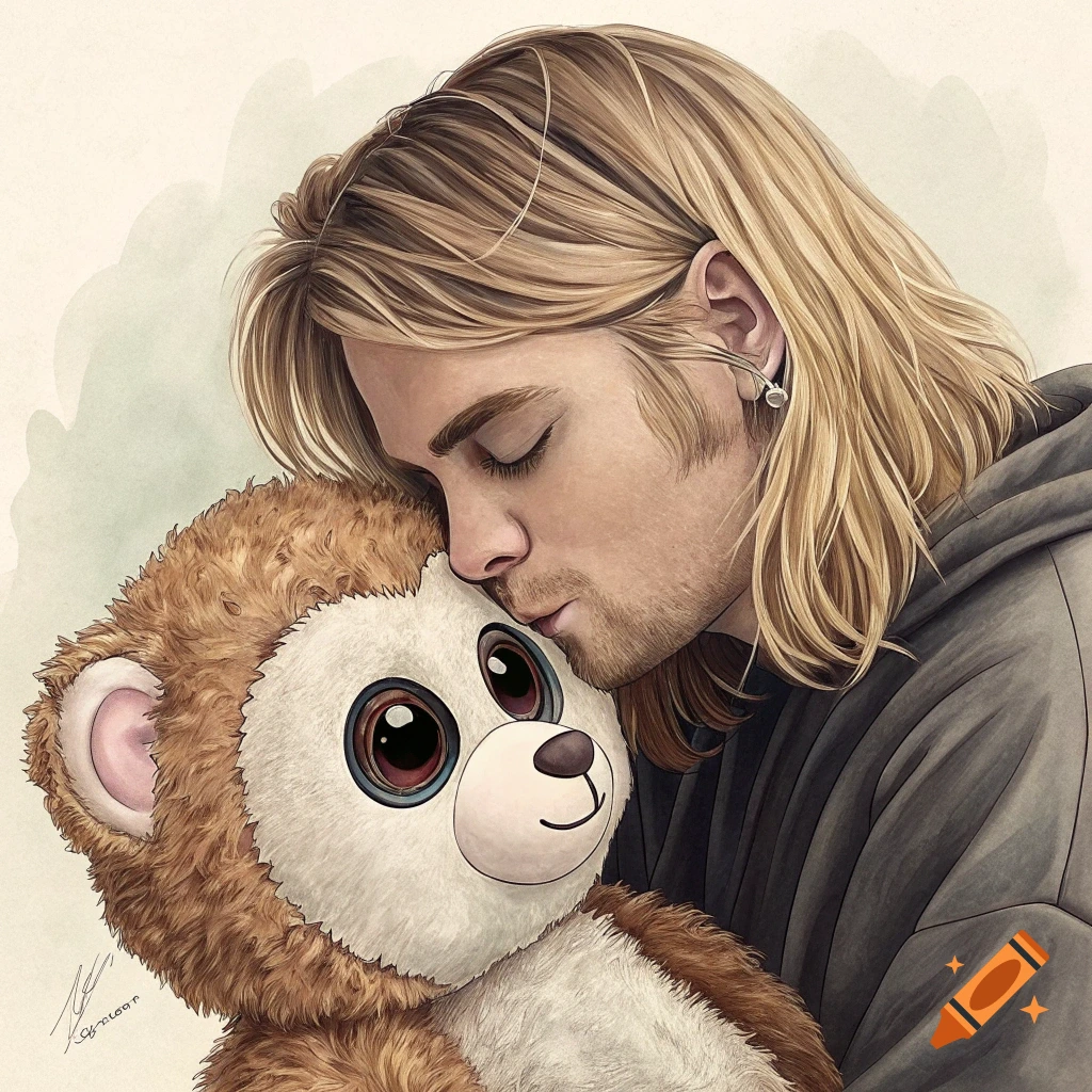 Illustration of a man with long blond hair, resembling Kurt Cobain, gently kissing a fluffy brown and white stuffed animal.