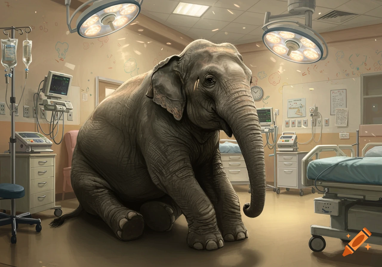 A photorealistic elephant sits on the floor in the middle of a pediatric intensive care unit, surrounded by medical equipment.