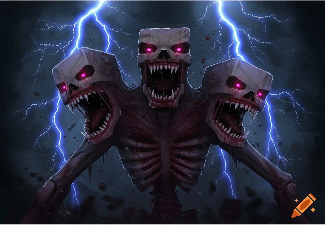 A scary, realistic Minecraft Wither monster with three heads, glowing red eyes, exposed ribcage, and jagged teeth, surrounded by blue lightning against a dark background.