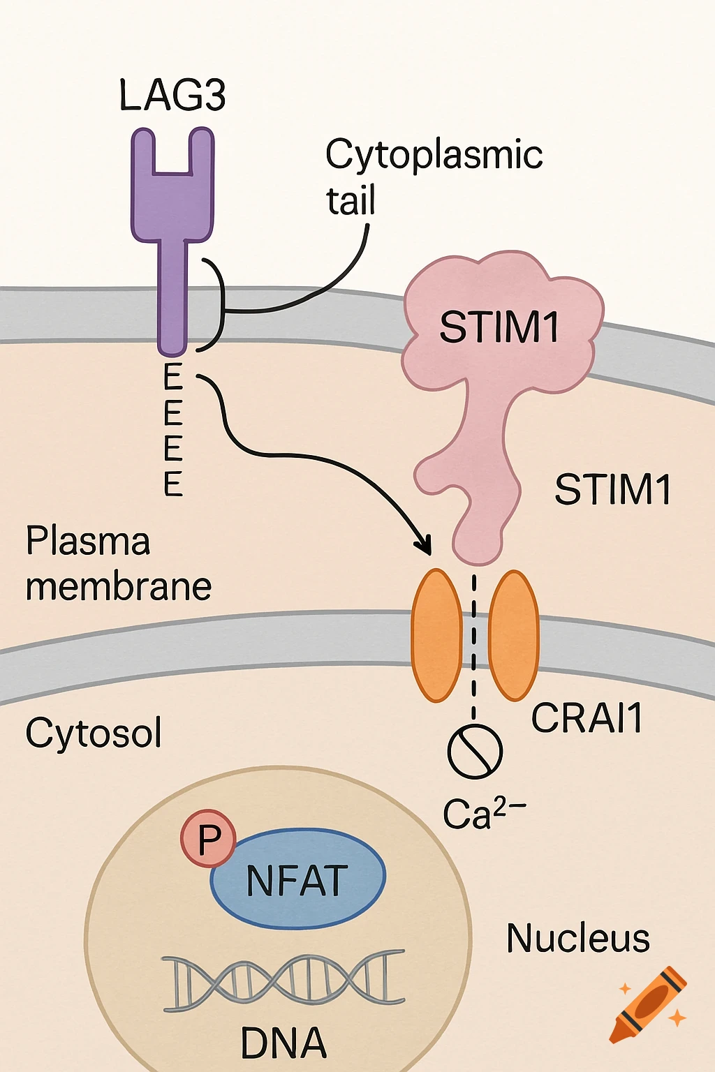 A biological diagram illustrating a cellular mechanism where LAG3 interacts with STIM1, preventing STIM1 from interacting with CRAI1, which inhibits Ca2+ entry and subsequent NFAT dephosphorylation, keeping NFAT in the cytosol away from DNA.