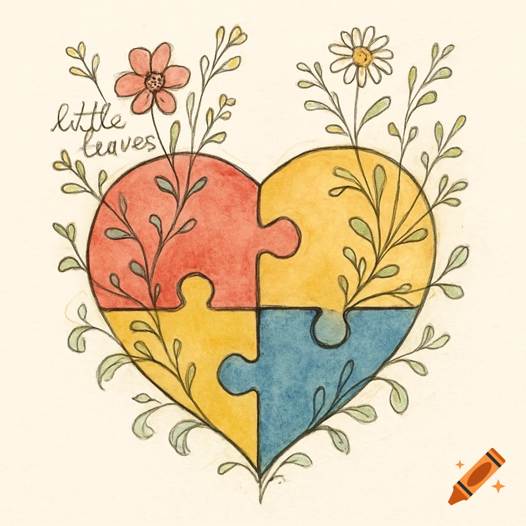 Hand-drawn watercolor illustration of a four-piece puzzle heart in red, yellow, blue, and cyan with growing flowers, vines, and 'little leaves' text.