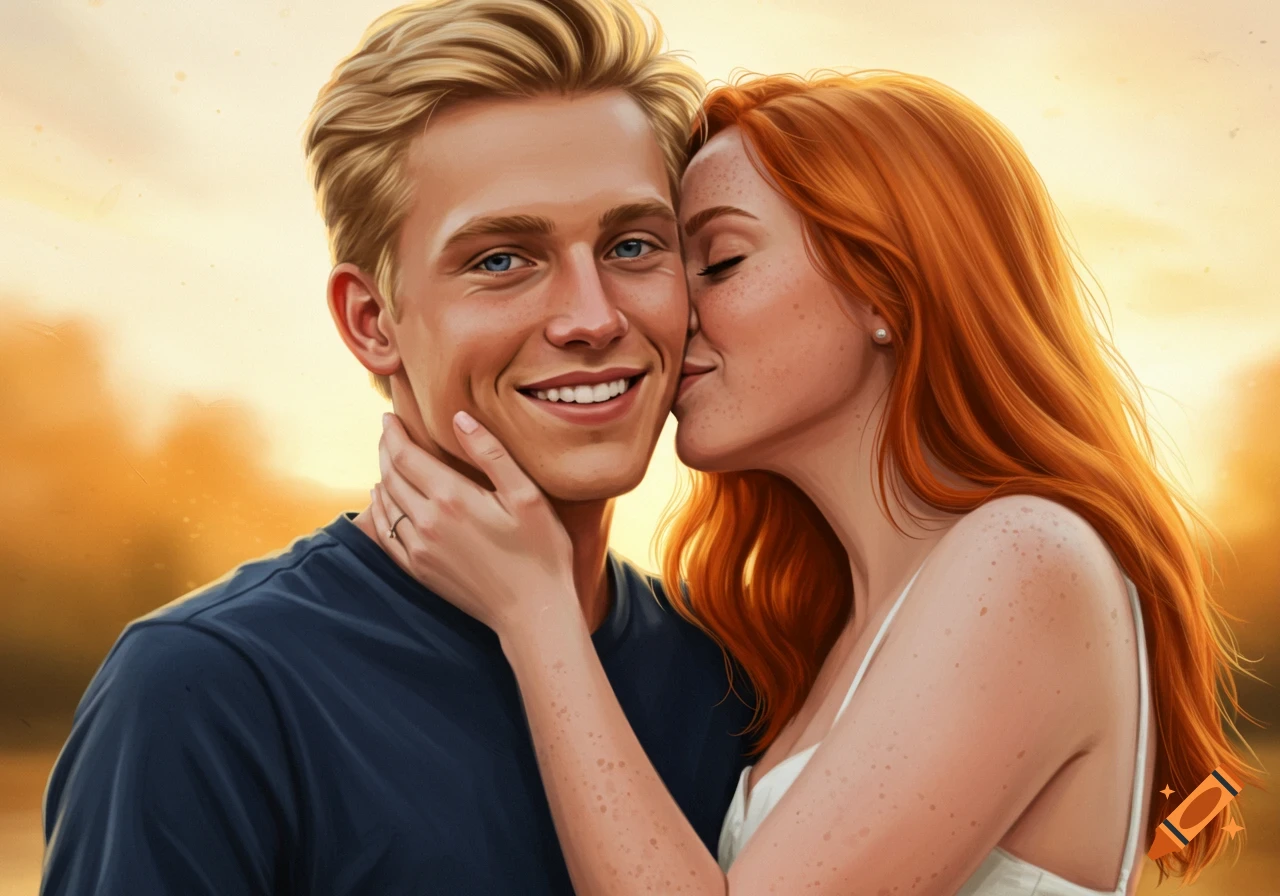 A blonde man smiles while a redhead woman kisses his cheek at sunset.