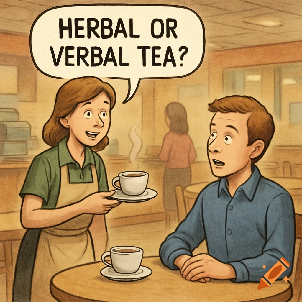 A cartoon barista asks a customer 'HERBAL OR VERBAL TEA?' in a cafe setting.