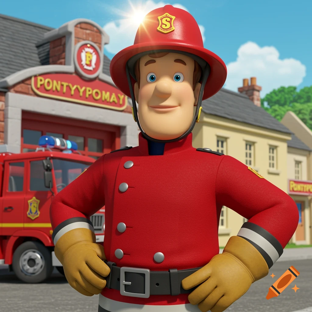 A cartoon firefighter in a red uniform and helmet smiles, standing with hands on hips in front of a fire station and fire truck.