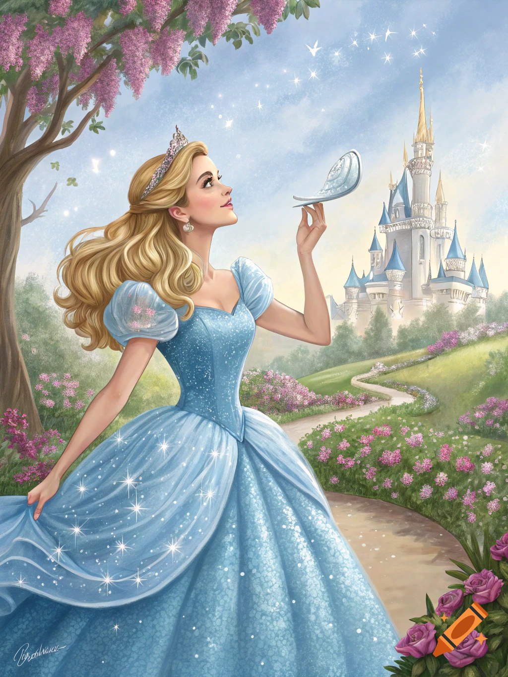 Cinderella in a sparkling blue gown holds a glass slipper, looking up in a magical garden with a grand castle.