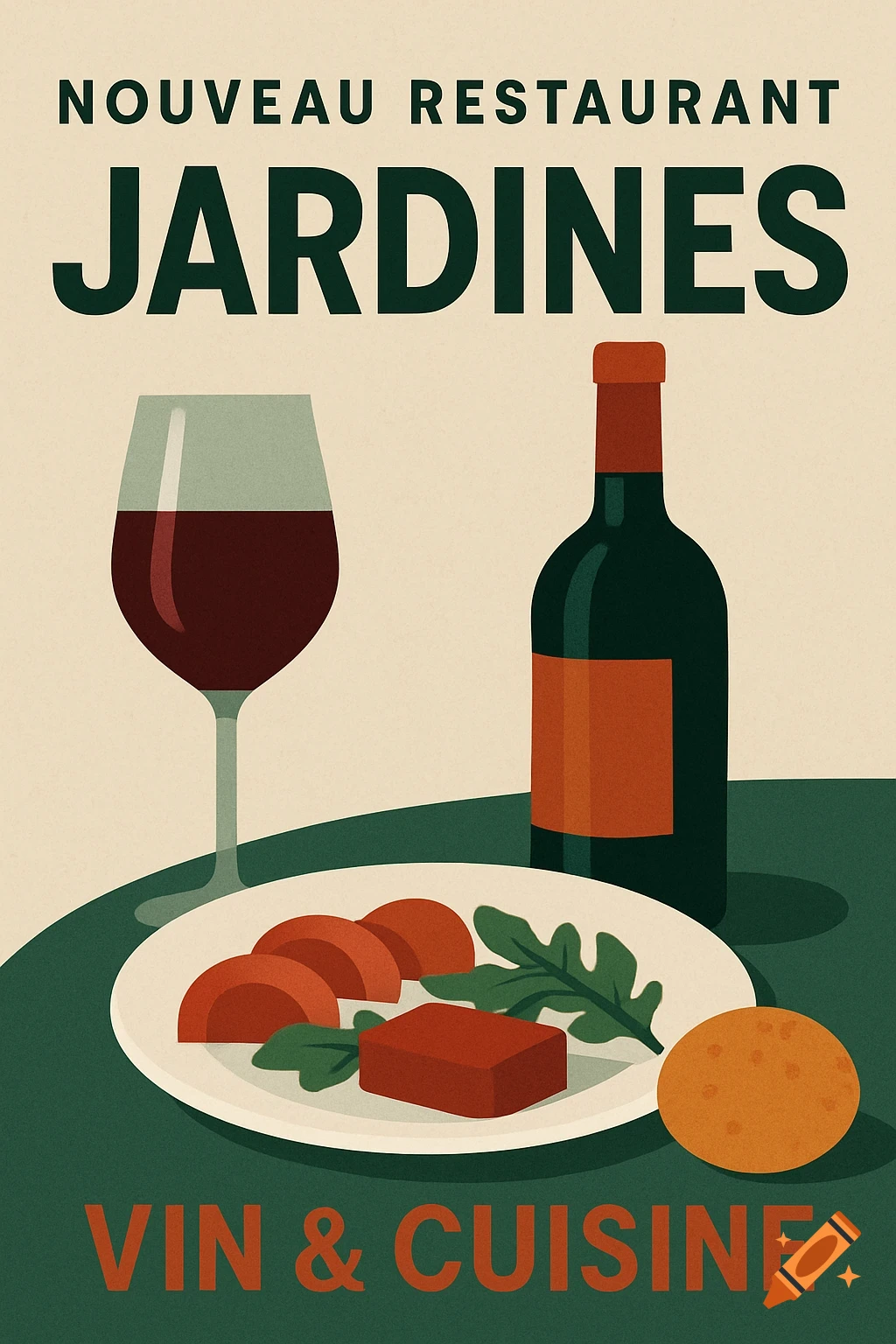 A retro-style poster for a new French restaurant named Jardines, featuring wine, food, and an orange on a table.