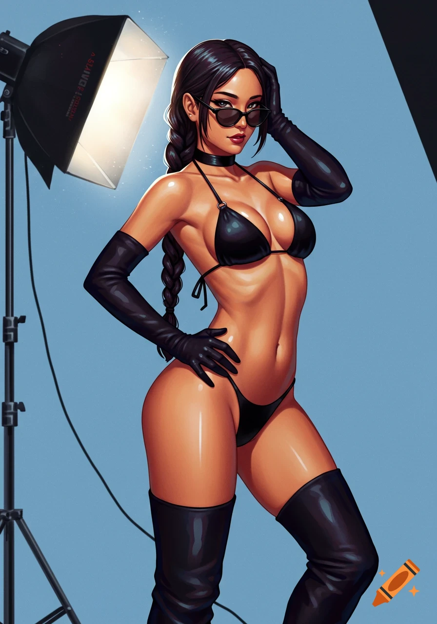 An anime-style woman with dark hair in a braid, wearing a black bikini, sunglasses, long gloves, and thigh-high boots, poses in front of a studio light.
