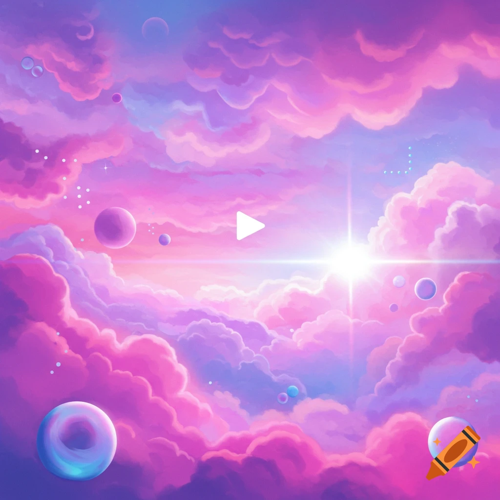 A whimsical sky with vibrant pink and purple clouds, a bright star, and floating planets and bubbles, featuring a white play button.