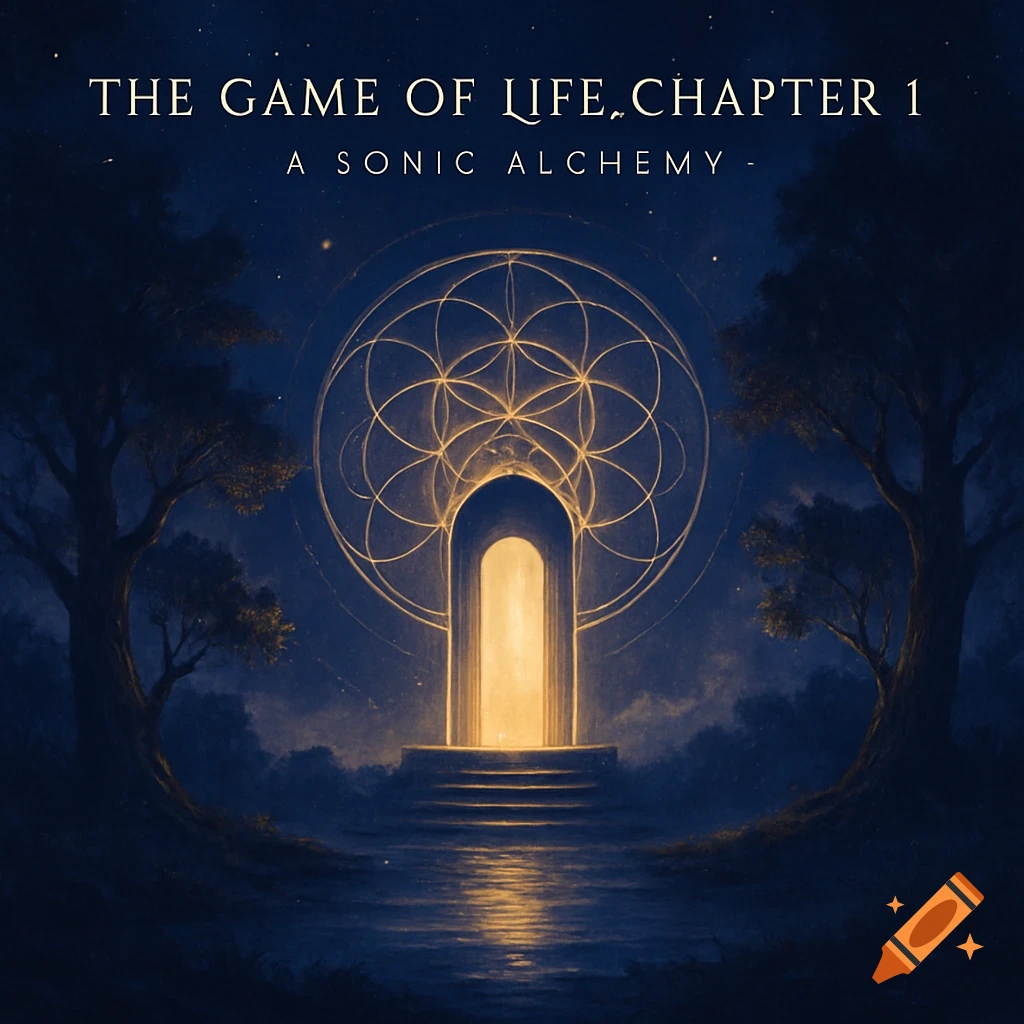 A serene, cosmic scene at night with two large trees framing a glowing arched doorway. Above the door is a luminous sacred geometry symbol, and reflections shimmer on water in the foreground. Text at the top reads "THE GAME OF LIFE, CHAPTER 1 - A SONIC ALCHEMY."