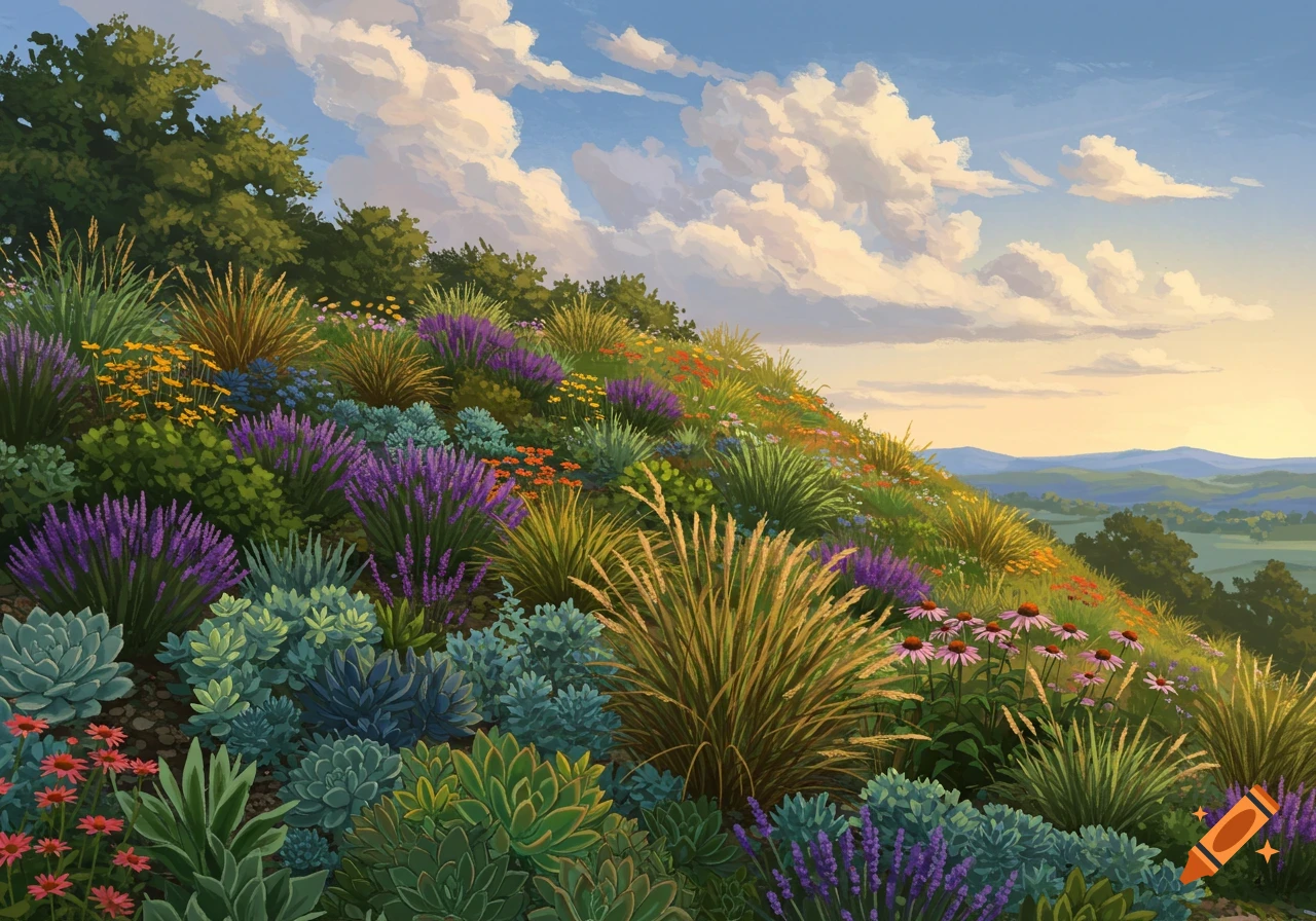 A vibrant hillside garden filled with colorful flowers, succulents, and grasses under a blue sky with white clouds.