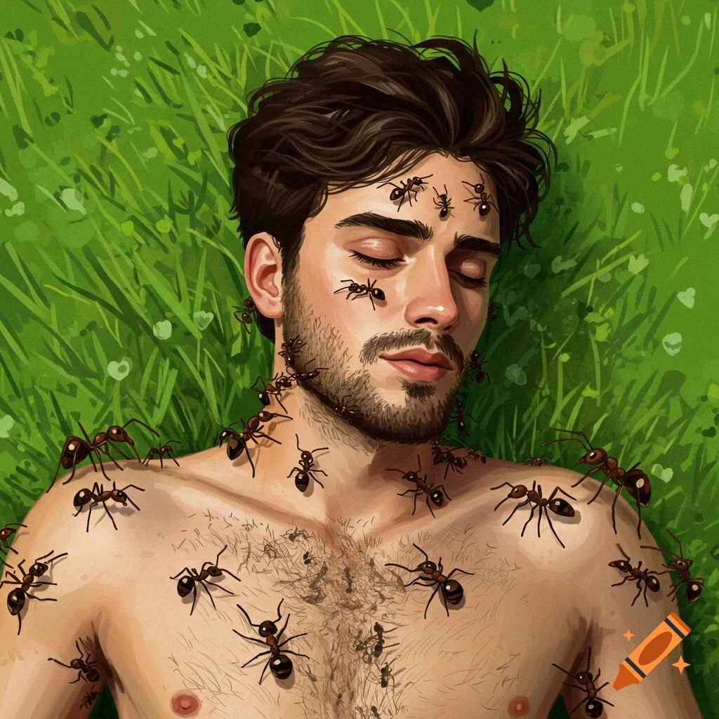 A man with closed eyes lies in green grass, covered in crawling ants.