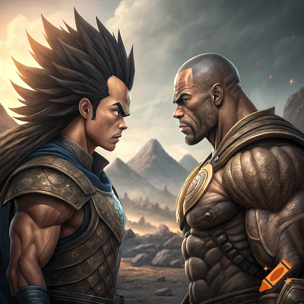 Two muscular fantasy warriors, one with spiky hair and blue armor, the other bald with brown armor, face off in a rocky landscape.