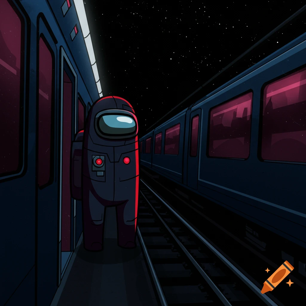 An Among Us character stands between two dark trains on tracks under a starry night sky with red light reflections.