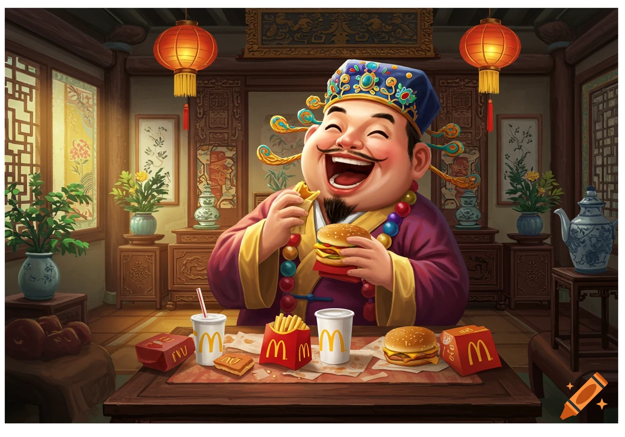 A joyful man in traditional Chinese attire laughs while eating a McDonald's burger and fries at a table in a traditional Chinese interior.